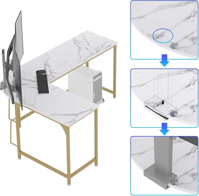 Teraves Reversible L Shaped Desk White - 66.1" Corner Gaming Computer Desk, Office Workstation Modern Home Study Writing Table, Marble Gold
