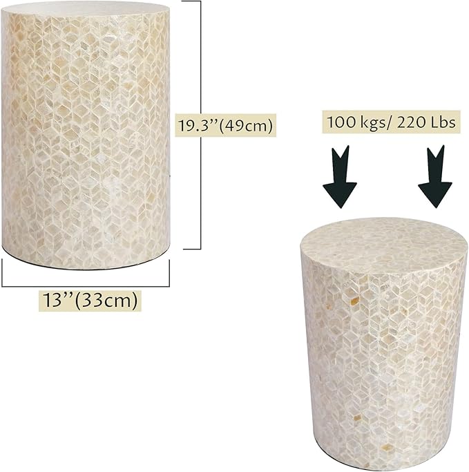PEMAR Capiz Shell Cylinder Drum End Table Nacre Side Table Stool Round Drum Accent Coffee Bedside Nightstand and Vanity Stool (White Cream)