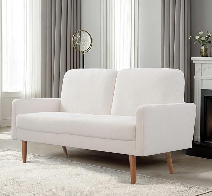 Kent Velvet Loveseat Sofa, European Style with Sleek Design, Modern & Vintage Flair, Upholstered 2 Seater Couch, Chic Living Room Furniture Seating for Home, Apartment or Office, Ivory