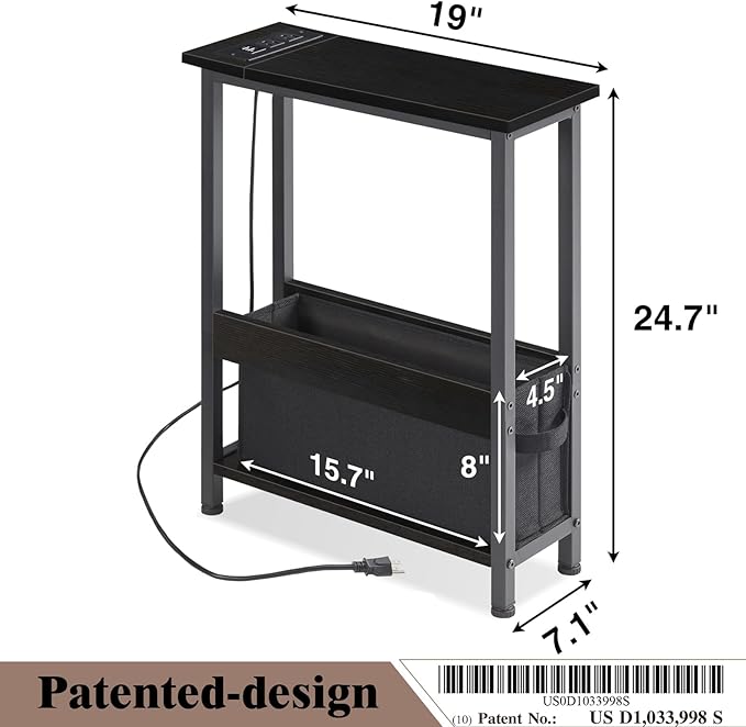 Slim Charging End Table with Storage - for Small Spaces and Bedroom (Black)