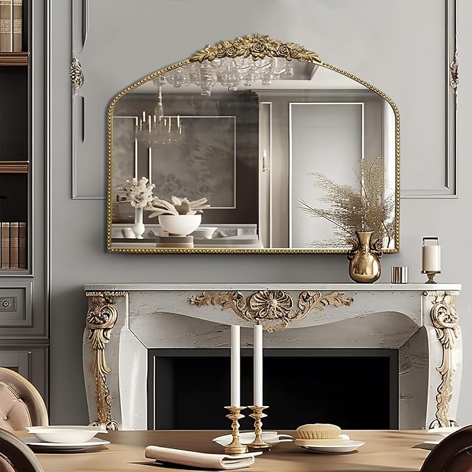 Vintage Gold Arched Mirror 40"X30",Antique Baroque Mantel Mirror with Ornate Metal Frame for Entryway/Fireplace/Living Room/Hallway/Bathroom/Bedroom