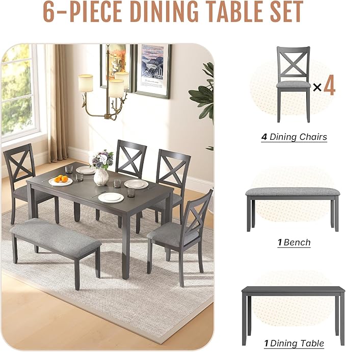 6-Piece Wooden Dining Table Set, Dining Table Set for 6, Including 1 Dining Table, 4 Upholstered Chairs and 1 Bench, Wooden Legs Dining Table, Table Set for Dining Room, Grey