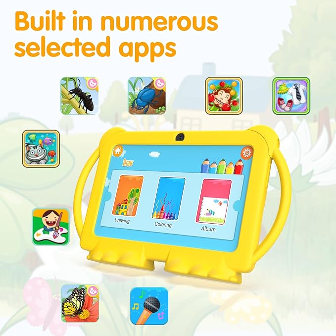 Kids Tablet 7 inch Android 12.0 for Toddler, 4GB RAM 32GB ROM Bluetooth IPS Screen Parental Control Dual Camera Shockproof Case for Educational Games (Yellow)