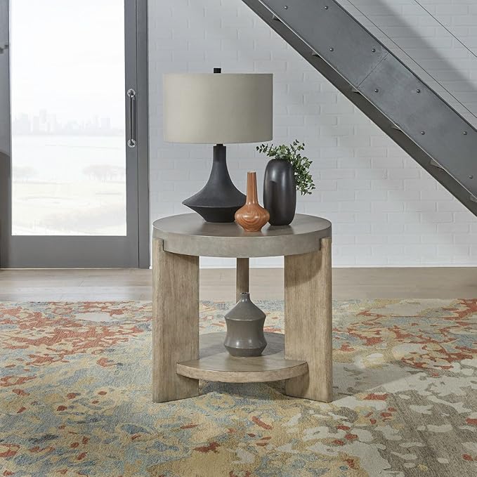 Liberty Furniture Affinity Round End Table for Living Room - Dusty Taupe Faux Concrete Tops