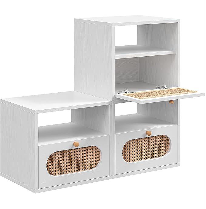 3-in-1 Modular TV Stand with Rattan Doors, DIY Media Console Boho Entertainment Center Modern TV Cabinet with Open Shelves,White