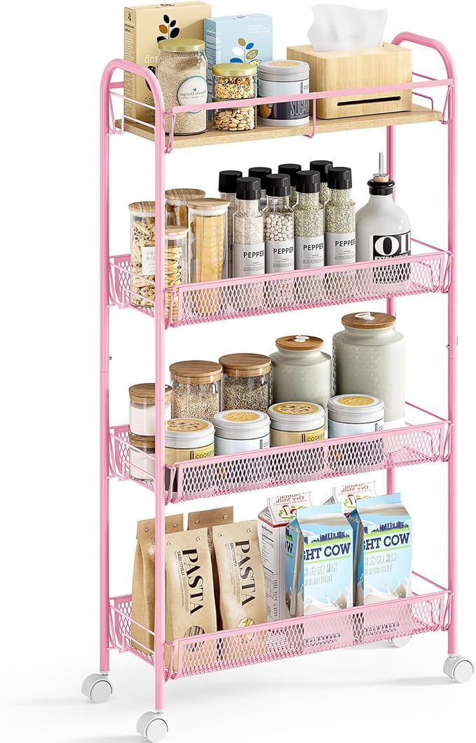 KINGRACK Metal Slim Rolling Cart,4-Tier Metal Utility Cart,Storage Cart with Wooden Tabletop, for Narrow Space on Laundry Bathroom Kitchen Room Bedroom Apartments Dormitory (Pure Pink, Slim)
