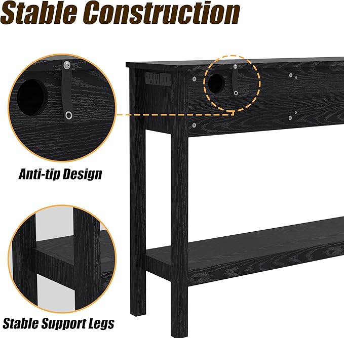 Entryway Table, Boho Console Table with 3 Storage Drawers and Storage Shelf, Sofa Table with Socket, for Entryway, Living Room, Behind Couch and Hallway (Black)