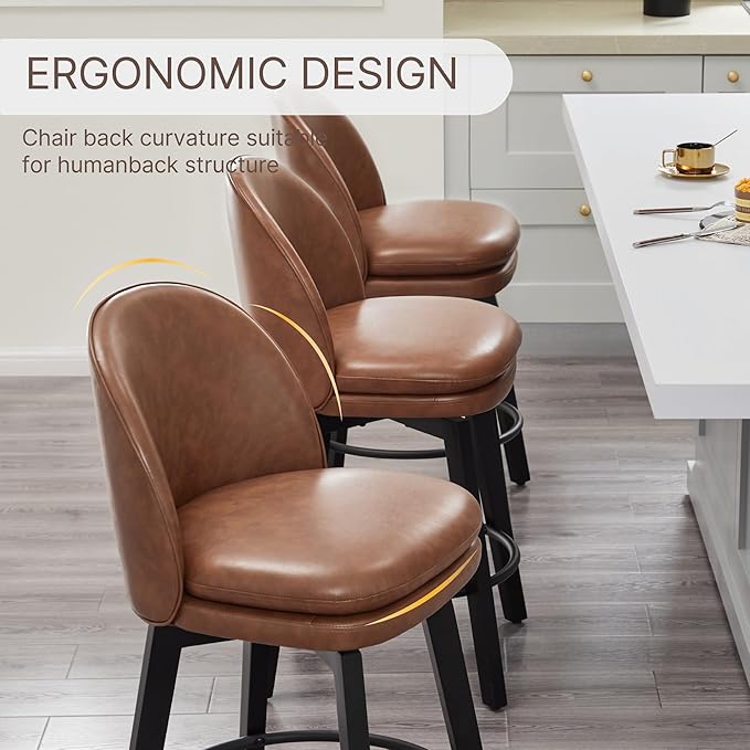 Counter Height Barstools 26 inch Upholstered Swivel Bar Stools with Back and Wood Legs for Kitchen Island,Set of 4,Brown PU Leather-Armless