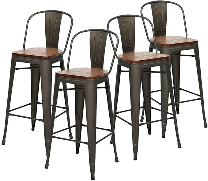 Changjie Furniture 24 Inches Metal Barstools Set of 4 Counter Height Bar Stools Industrial Stools with Backs High Back Chairs for Kitchen Island (24 Inch, Rusty)