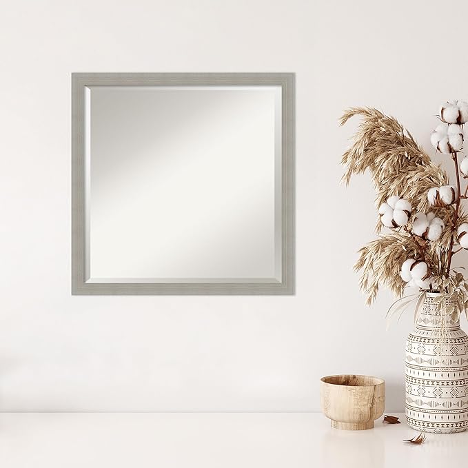 Amanti Art Grey Wall Mirror 22x22 Woodgrain Stripe Grey Square Bathroom Mirror for Wall Decor Living Room, Medium Casual Wood Frame, Hangs Horizonally and Vertically, Bathroom Decor, Beveled Edge