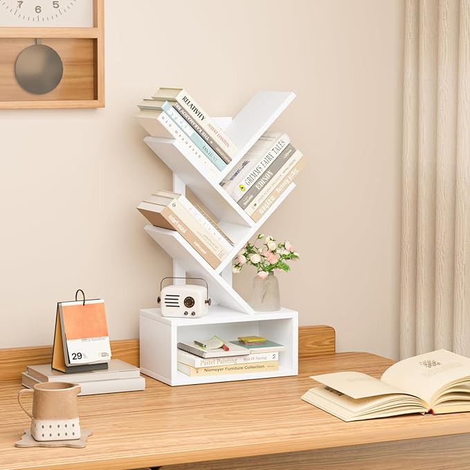 Small Tree Book Shelf,5 Tier Black Tree Bookshelf,White Desktop Bookcase,Modern Desk Display Storage Bookshelves,Floor Standing Organizer Bookcases for Living Room,Bedroom,Office