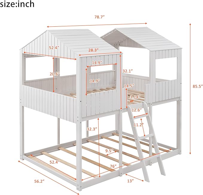 Ball & Cast Full Over Full Size Playhouse Bunk Bed with Roof and Window,Wood Bunkbed w/Full-Length Guard Rail & Ladder,Slat Support,Space Saving,Bedroom Furniture for Student Dorms,White