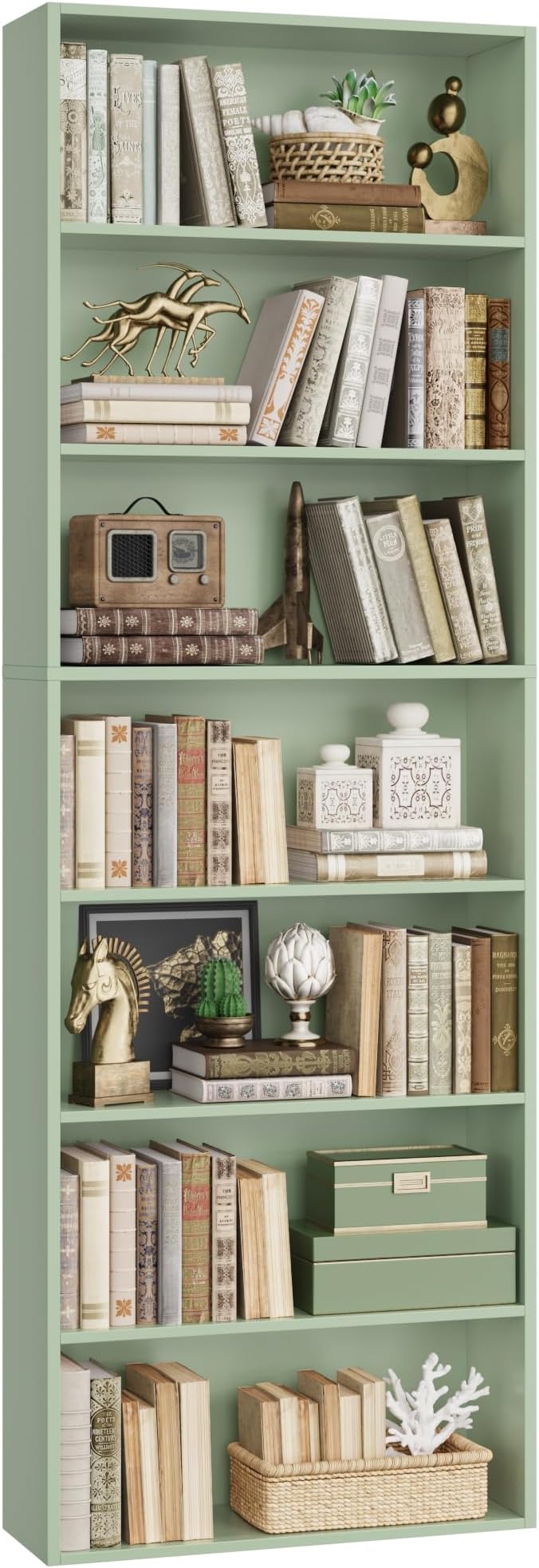 82" Tall Bookshelf, 7-Tier Open Shelves Bookcase, Freestanding Display Storage Shelves, Tall Bookcase Home Decor Furniture for Home Office, Living Room, Bedroom, Green