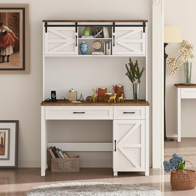 Farmhouse 47" Executive Desk, Computer Desk with 2 Drawers and Storage Cabinet, Home Office Desk with Hutch, Charging Hub, Workspace for Work and Study, Antique White