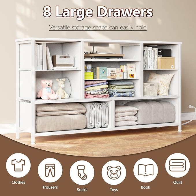 Furnulem Dresser for Bedroom, Wide Chest with Power Outlet for 55" TV Stand Entertainment Center, Deep 8 Drawers for Storage in Living Room,Entryway,Hallway,Closet(White)