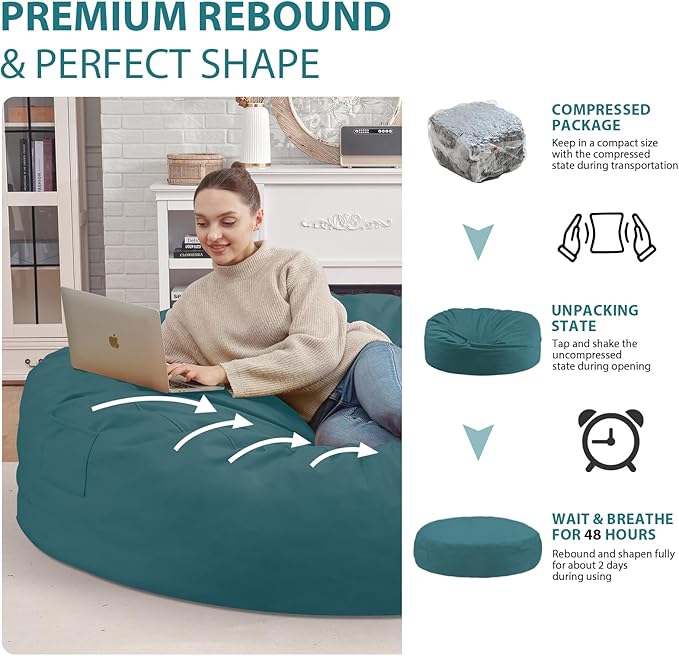 7FT Bean Bag Chair, Large Bean Bag Chairs with Memory Foam Filled, Fluffy Beanbag Sofa with Dutch Velvet Cover, Round BeanBag Chairs for Living Room, Playroom - Sea Blue