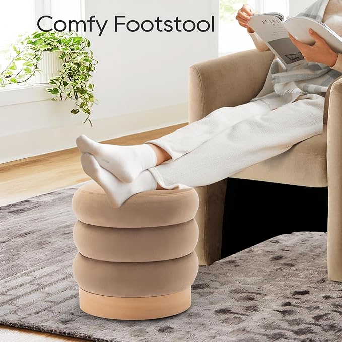 COLAMY Velvet Ottoman Footstool, Tufted Modern Foot Rest Stool with Wood Base for Living Room, Bedroom, Desk, Round Versatile Side End Table, Pouf, Makeup Seat, Camel