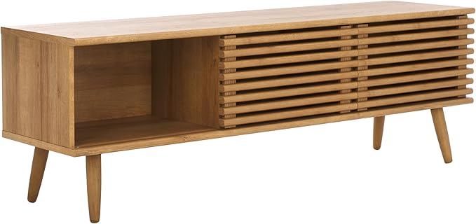 SAFAVIEH Averi TV Stand for up to 65" Flatscreen – Rustic Oak, 2 Sliding Doors with Interior Storage, 2 Open Shelves, Entertainment Media Console (MED9637C)
