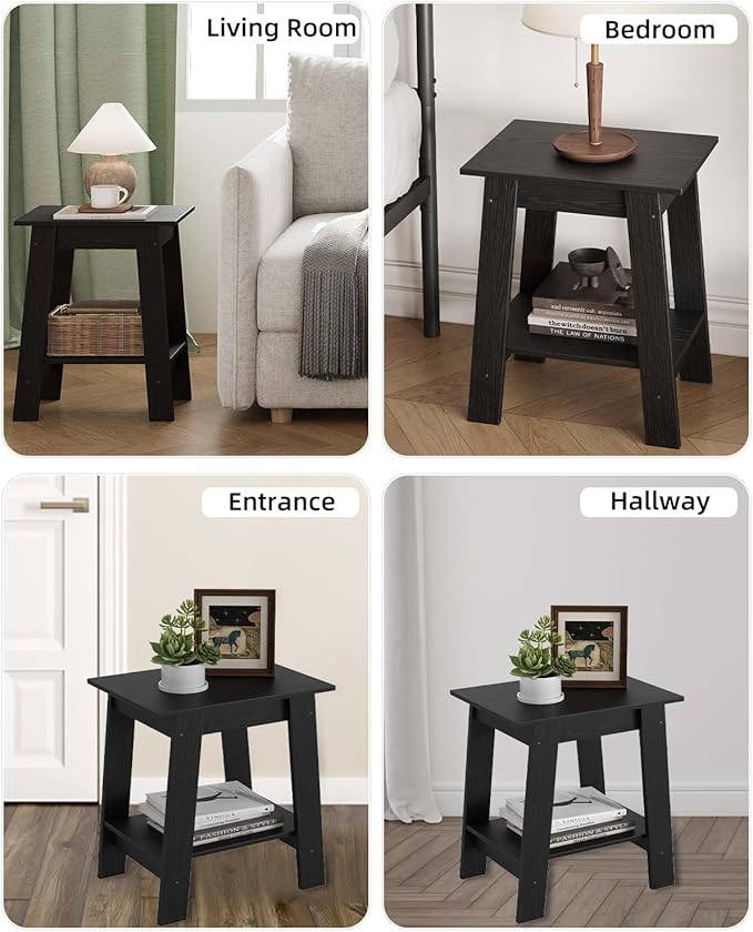 Garvee End Table, Side Table with 2-Tier Storage Shelf, Sofa Table for Small Space, Square Nightstand for Entryway, Farmhouse, Living Room, Easy Assembly, Black