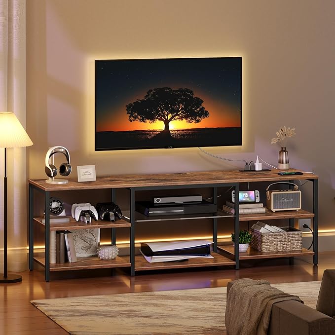 HOOBRO LED TV Stand for 75 Inch TVs with Charging Station, Gaming Entertainment Center with Open Storage, Media TV Console Table, TV Stand for Living Room, Bedroom, Rustic Brown and Black BF21UDDS01
