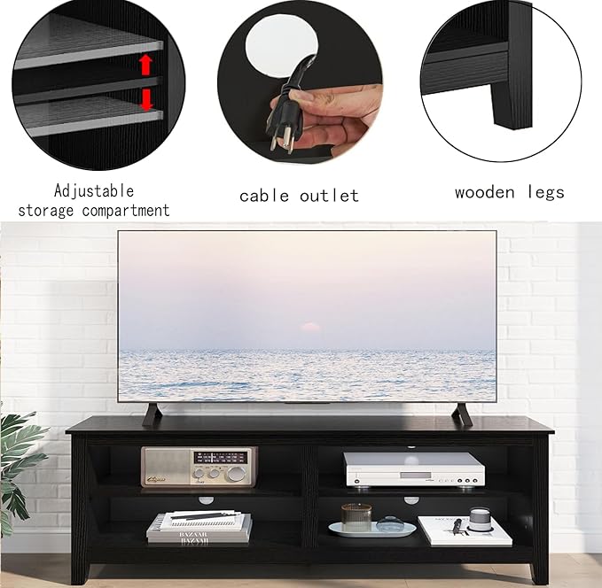 TV Stand for 65 inch TV with Storage,Modern TV Entertainment Center for Bedroom,TV Media Console Table with 4 Open Storage Shelve,55 inch Wood TV Cabinet Black