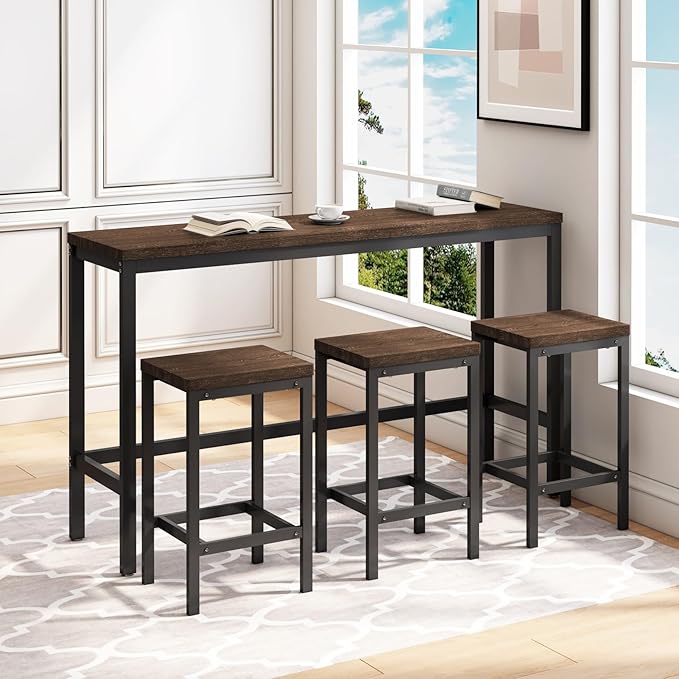 KEIKI 60.24” Long Bar High Top Dining Table and 3 Stools Chairs Set, Wood Behind Couch Sofa Counter Height Pub Furniture for Breakfast, Kitchen Living Party Room, Dark Brown