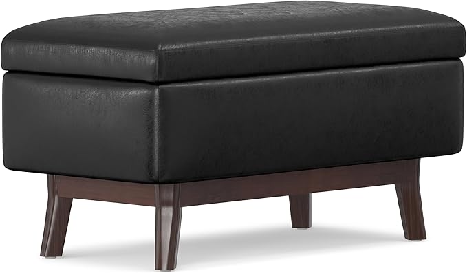 SIMPLIHOME Owen 36 inch Wide Mid Century Modern Small Rectangular Storage Ottoman in Distressed Black Vegan Faux Leather, Assembled, For the Living Room, Entryway and Family Room