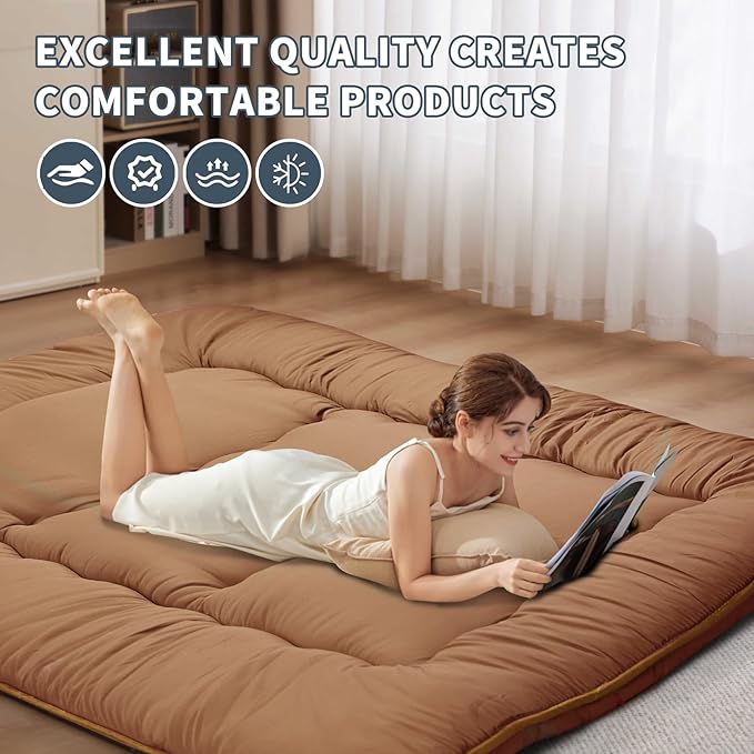 Japanese Floor Mattress,4" Thicken Japanese Floor Sleeping Pad Foldable,Futon Mattress Suitable for Camping and Guest Room (Khaki, Queen (80" X 60"))