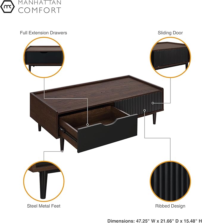 Manhattan Comfort Duane Mid Century Modern Ribbed Nightstand and Coffee Table with Storage, Living Room Furniture with Cabinet, Shelves and Iron Metal Feet, Set of 2, Black