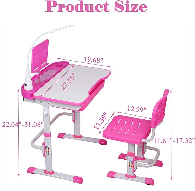 Kids Desk and Chair Set, Height Adjustable Child's School Study Writing Tables with Tilt Desktop, LED Light, Storage Drawer, Book Stand (Pink)