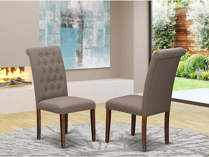 East West Furniture BRP3T18 Bremond Parson Kitchen Chairs - Button Tufted Nailhead Trim Brown Linen Linen Fabric Padded Dining Chairs, Set of 2, Mahogany