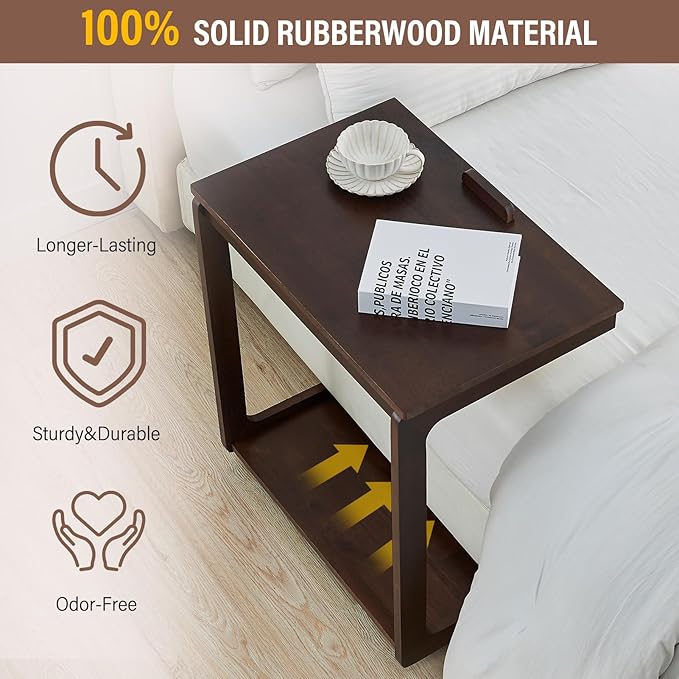 CozyDH Adjustable C Shaped End Table, Rolling Side Table Solid Wood TV Sofa Tray Table for Couch Arm Eating Multi-Purpose, Small Coffee Table with Wheels Living Room Bedroom, Dark Walnut
