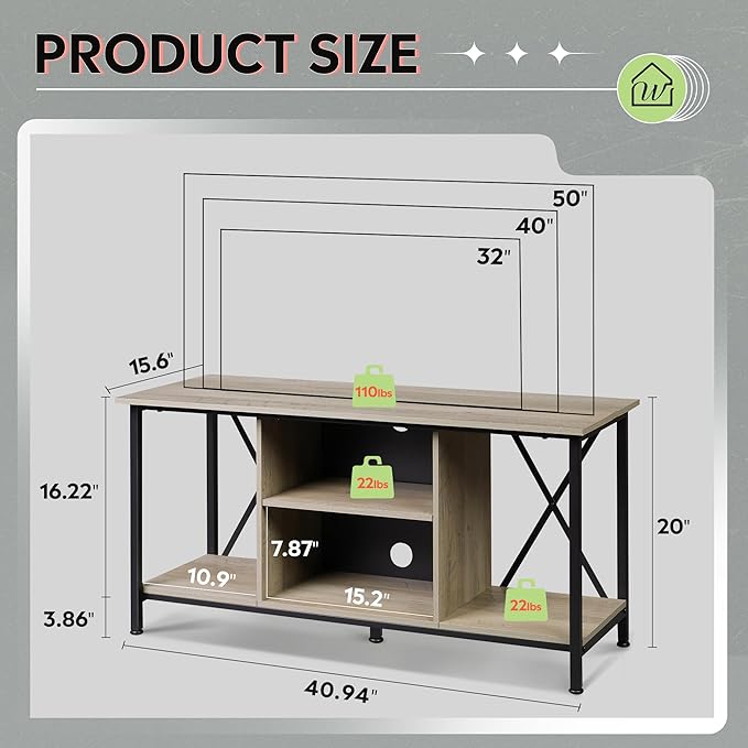 WLIVE TV Stand up to 45 Inch TV, 41" Entertainment Center with Open Storage Shelf for Living Room, Greige