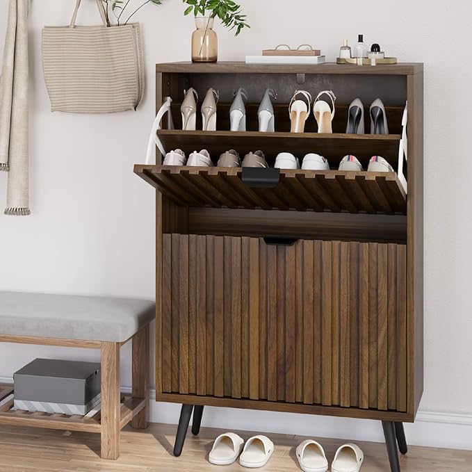 Smuxee Shoe Cabinet with 2 Flip Drawers, 23.6" Walnut Hidden Shoe Storage Cabinet with Fluted Design, Freestanding Shoe Organizer Cabinet for Entryway, Hallway, Closet, Living Room