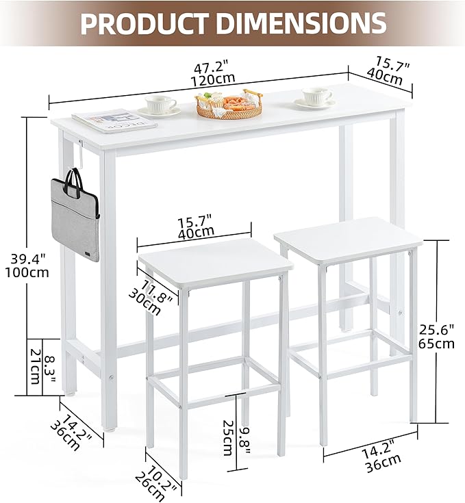 Finnhomy 47" Industrial Bar Table Set with 2 Stools - Counter Height Dining & Pub Table for Small Spaces, Kitchen, Apartment, Breakfast Nook - Metal & Wood, Space-Saving Furniture - White