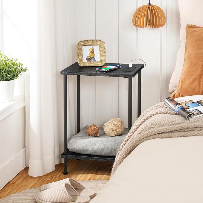 HOOBRO Side Table with Charging Station, End Table with USB Port and Outlets, Nightstand with 2-Layer Storage Shelves for Small Spaces, Living Room, Bedroom, Black BK09UBZ01