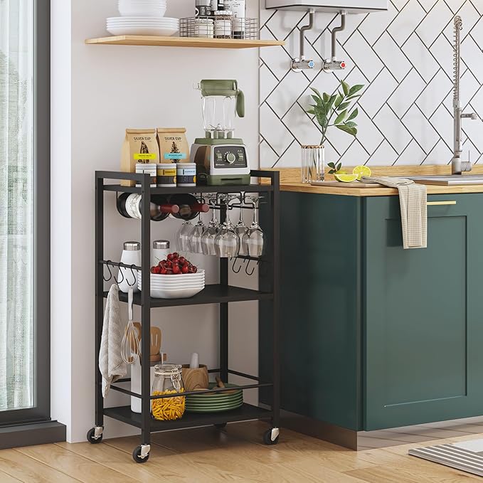 TUTOTAK Bar Cart, Home Bar Serving Cart with 3-Tier Shelf, Drink Cart with Wine Rack, Glass Holder, Rolling bar carts for The Home, Living Room, Brown V1BC01BK035