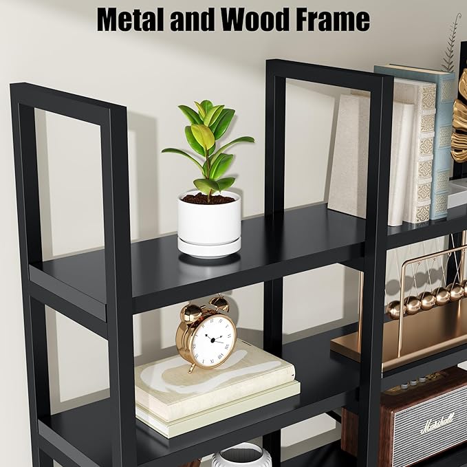 Semoic Large Bookshelf 5 Tiers, Triple Wide Geometric Bookcase, 71 Inches Tall Industrial Book Shelves Etagere Book Case, Sturdy Metal Frame, Freestanding Display Shelving Unit (Black)