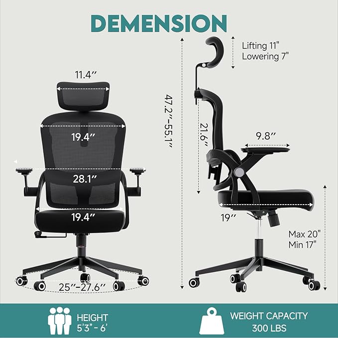 Office Chair Ergonomic Desk Chair with Lumbar Support&Headrest&Flip-up Arms Height Adjustable Rocking Swivel High Back Computer Chair Warm Taupe Mesh Study Chair (05Black)