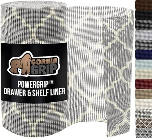 GORILLA GRIP powerGRIP Drawer Shelf and Cabinet Liner, Thick Strong Hold, Non-Adhesive Liners Protect Kitchen Cabinets and Cupboard, Bathroom Drawers, Easy Install, Breathable Mat, 12" x20', Gray