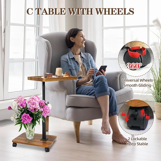 C Table Side Table End Table Adjustable Height，C Shaped End for Couch，Snack Tables,360°Swivel TV Tray Sofa Table， for Small Spaces，Side Tables Living Room and Bedroom for Sofa, Bed,Chair