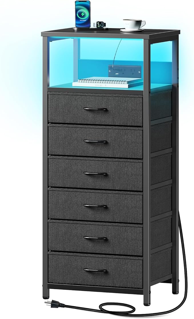 Seventable Night Stand with Charging Station, Tall Nightstand with 6 Fabric Storage Drawers, Side Table with LED Light for Bedroom, Entryway, Black