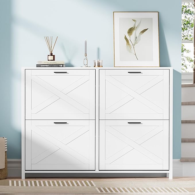 47" W Large Shoe Storage Cabinet with 4 Flip Drawers, Freestanding Hidden Shoe Cabinet Organizer with Adjustable Shelf, Narrow Shoe Cabinet for Entryway Hallway Living Room