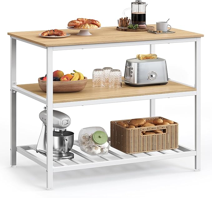 VASAGLE Kitchen Island with 3 Shelves, 39.4 Inches Width Kitchen Shelf with Large Worktop, Stable Steel Structure, Industrial, Easy to Assemble, Oak Color and White UKKI005W09