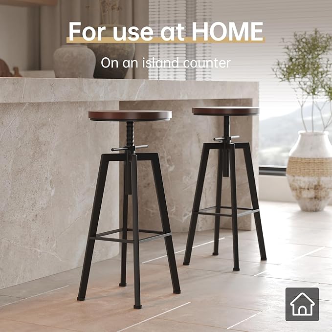 Vintage Adjustable Bar Stools Set of 2, Height Ranges from 24.8 to 30.8 inch, Natural Wood Seat and Heavy Metal Frame Rustic Industrial Swivel Bar Stools
