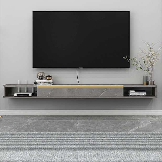 Floating TV Stand, 63'' Wall Mounted Entertainment Center TV Media Console, Floating Shelves with Door, Floating TV Cabinet Large Storage TV Bench for Living Room (Dark Grey, 62.99IN)