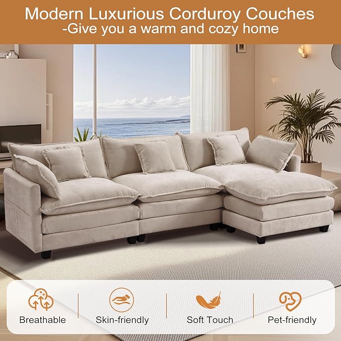 Furniliving 112‘’ L-Shaped Sofa, Luxury Chenille Modular Sectional Couches with Ottoman, Upholstered Deep Seat Sleeper Sofa with Memory Foam and Waist Pillows, Camel