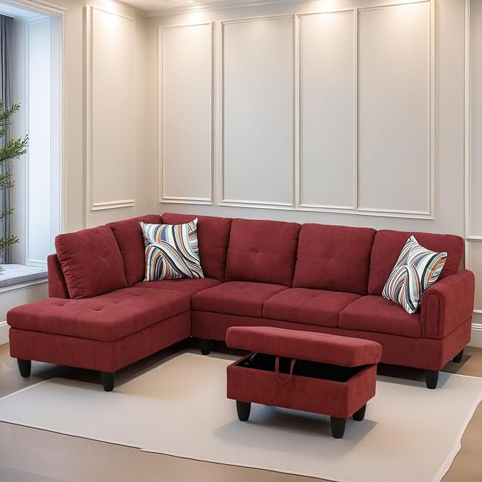 L Shaped Sectional Couches for Living Room, Modern Modular Sectional Sofa with Ottoman Storage, Comfy L Shaped Couch with Chaise for Bedroom Apartment Furniture, Red
