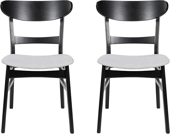 Set of 2 Solid Wood Dining Chairs, Fabric Upholstered Seat Mid-Century Modern Kitchen Furniture for Living Room, Light Beige+Black