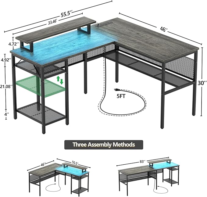 L Shaped Computer Desk with Magic Power Outlets and Smart LED Light, Reversible Office Corner Desk with Ergonomic Monitor Stand, Large Gaming Table with Storage, Sleek Grid Design, Black Oak